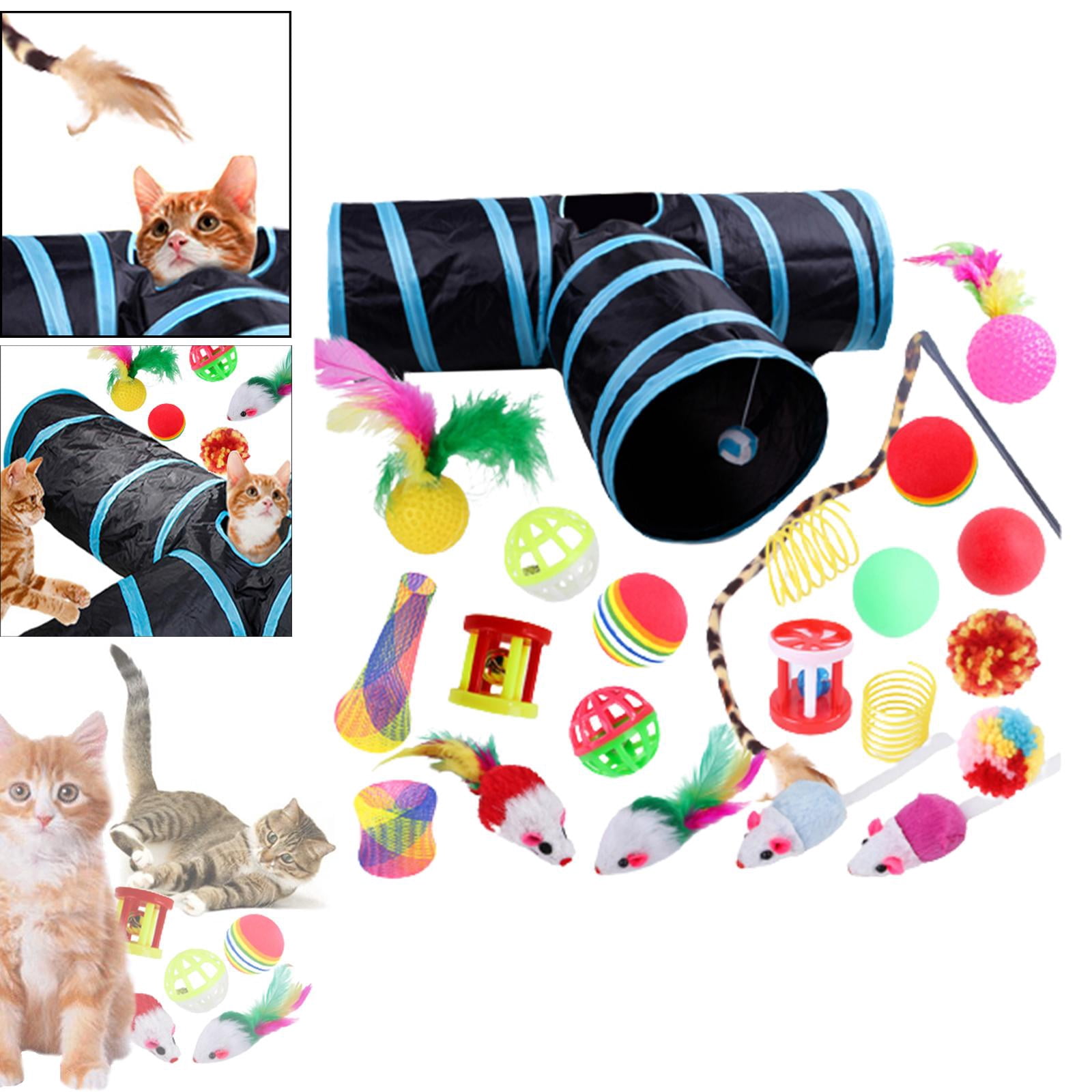 22 piece Interactive Cat Toy Sets,Collapsible Cat Tunnels for Indoor Cats, Feather Teaser Crinkle Balls Spring Toy Catnip Fish for Cats , B99502