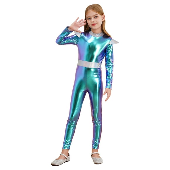 TiaoBug Kids Girls Boys Alien Shiny Metallic Bodysuit Outer Space Man Leotard Fancy Dress Up for Halloween Cosplay Blue 6