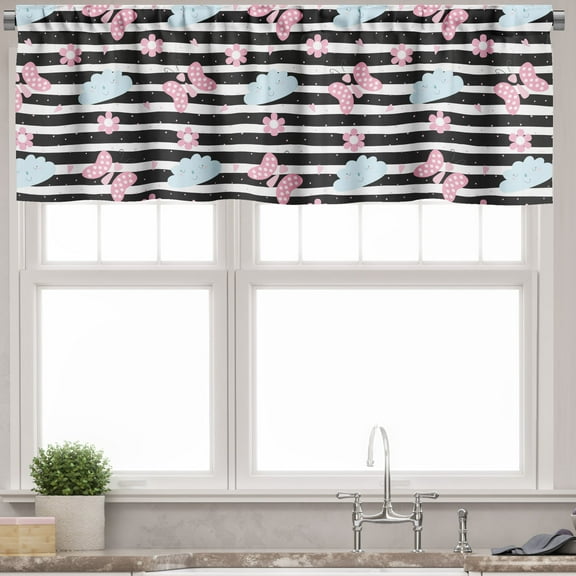 Ambesonne Cartoon Window Valance, Butterflies and Clouds, 54" X 12", Pale Pink Pale Blue
