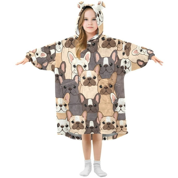 Cute Dogs Frenchie ﻿Wearable Blankets Hoodie Oversize Sherpa Wearable Soft Blanket Warm Cozy 3-14 Age
