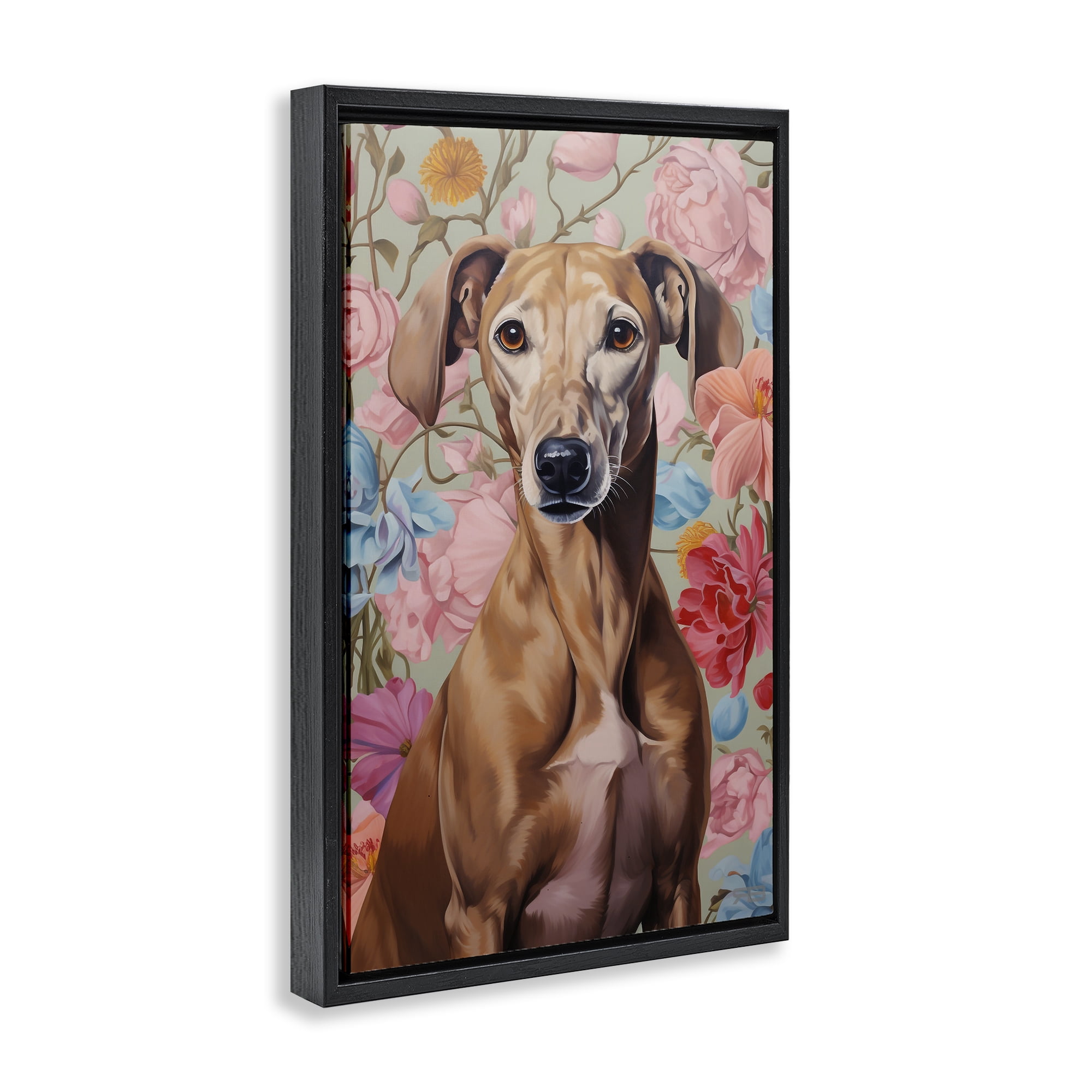 Stupell Industries Greyhound on Florals Animals & Insects Painting Black Floater Framed Canvas Art Print Wall Art, 17 x 25