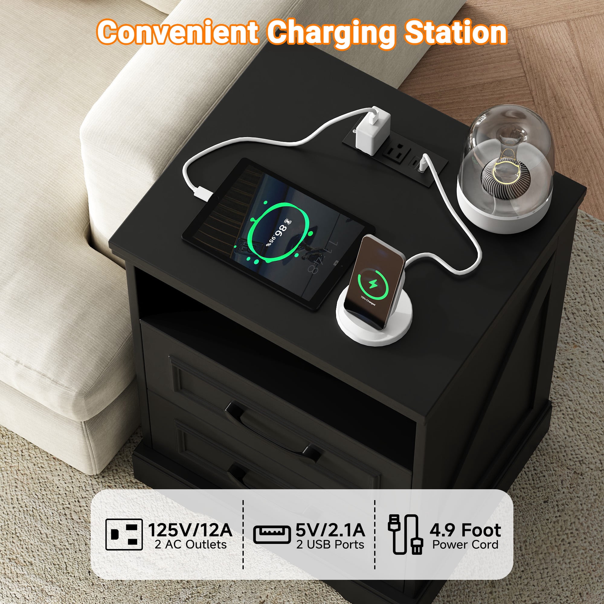 NEGYLIM 2-Piece Nightstand, Farmhouse End Table with Charging Station, 2 Drawers Storage for Bedroom, Black