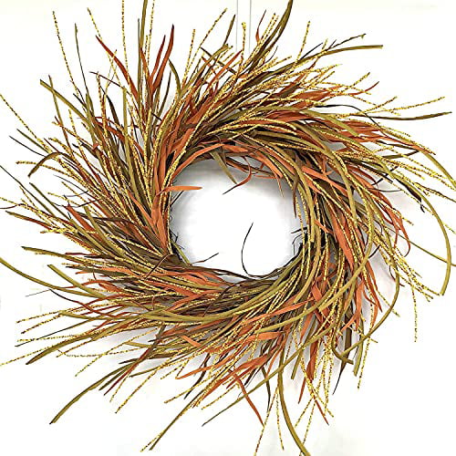 O'WRETHE Autumns Golden Wheat Leaves Wreath with Tail for Farmhouse's Home & Wall Thanksgivings Indoor Outdoor Decor Wheat Leaves 24 Fall Harvest Wreath for Front Door Decoration