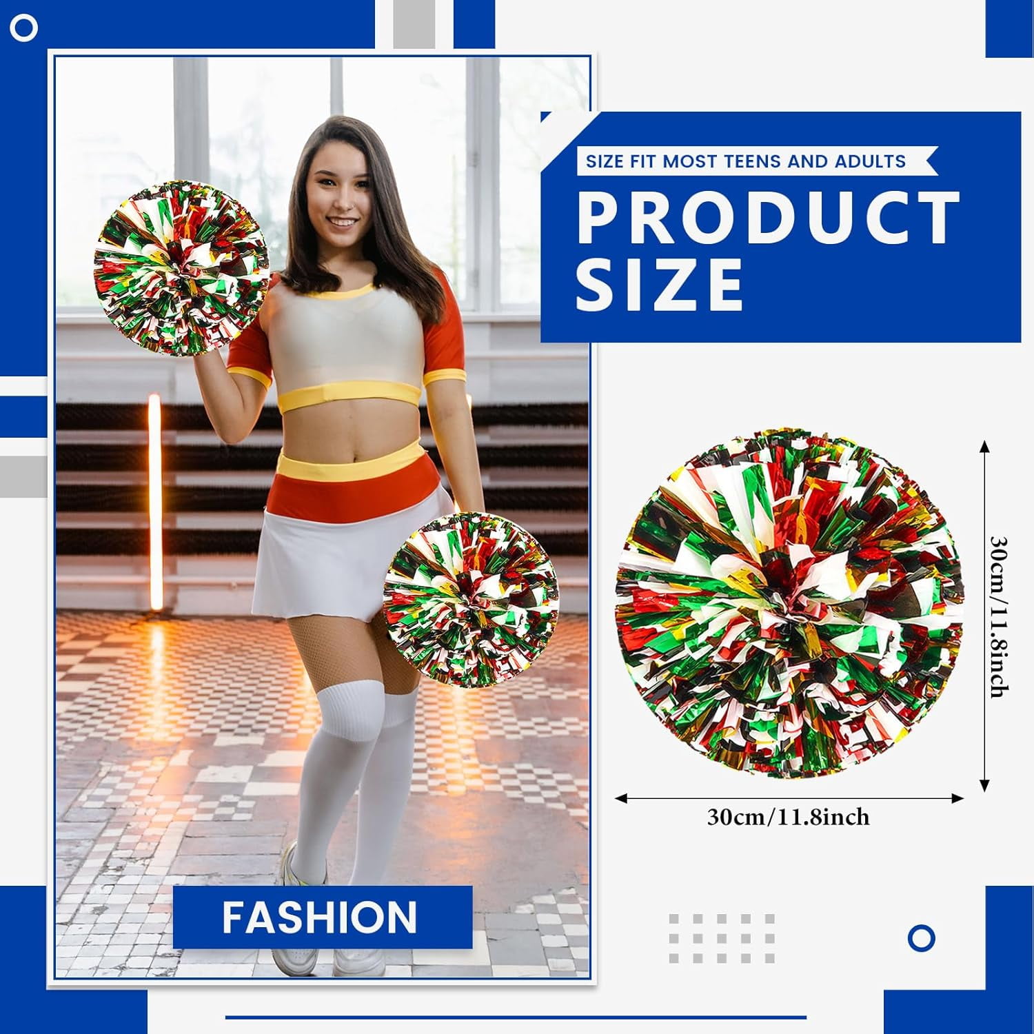 Cheerleader Pom Poms 24 Pack Sports Dance Cheering Plastic Metallic Cheerleading Pom Poms for Kids Adults-Ring Style