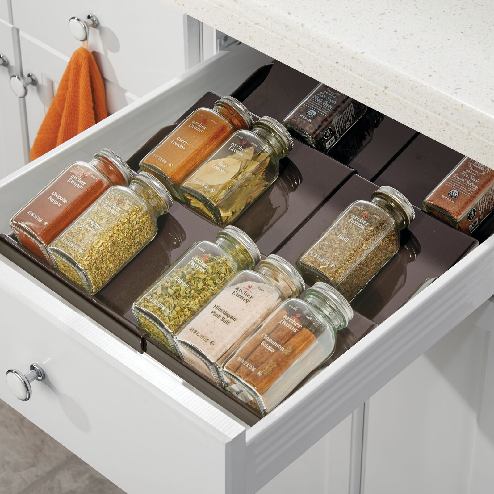 mDesign Expandable Plastic Spice Rack Kitchen Drawer Organizer, 3 Tiers - Bronze