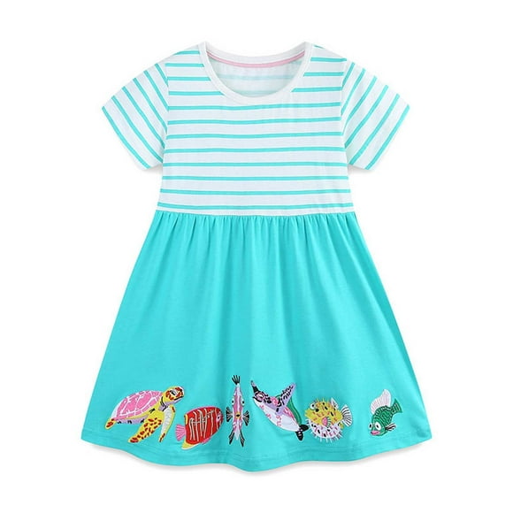 Girl Dress Toddler Kids Girls Summer Dress Cartoon Marine Animal Embroidery Cotton Short Sleeve Casual Dress Baby Dresses Sky Blue 5 Years-6 Years