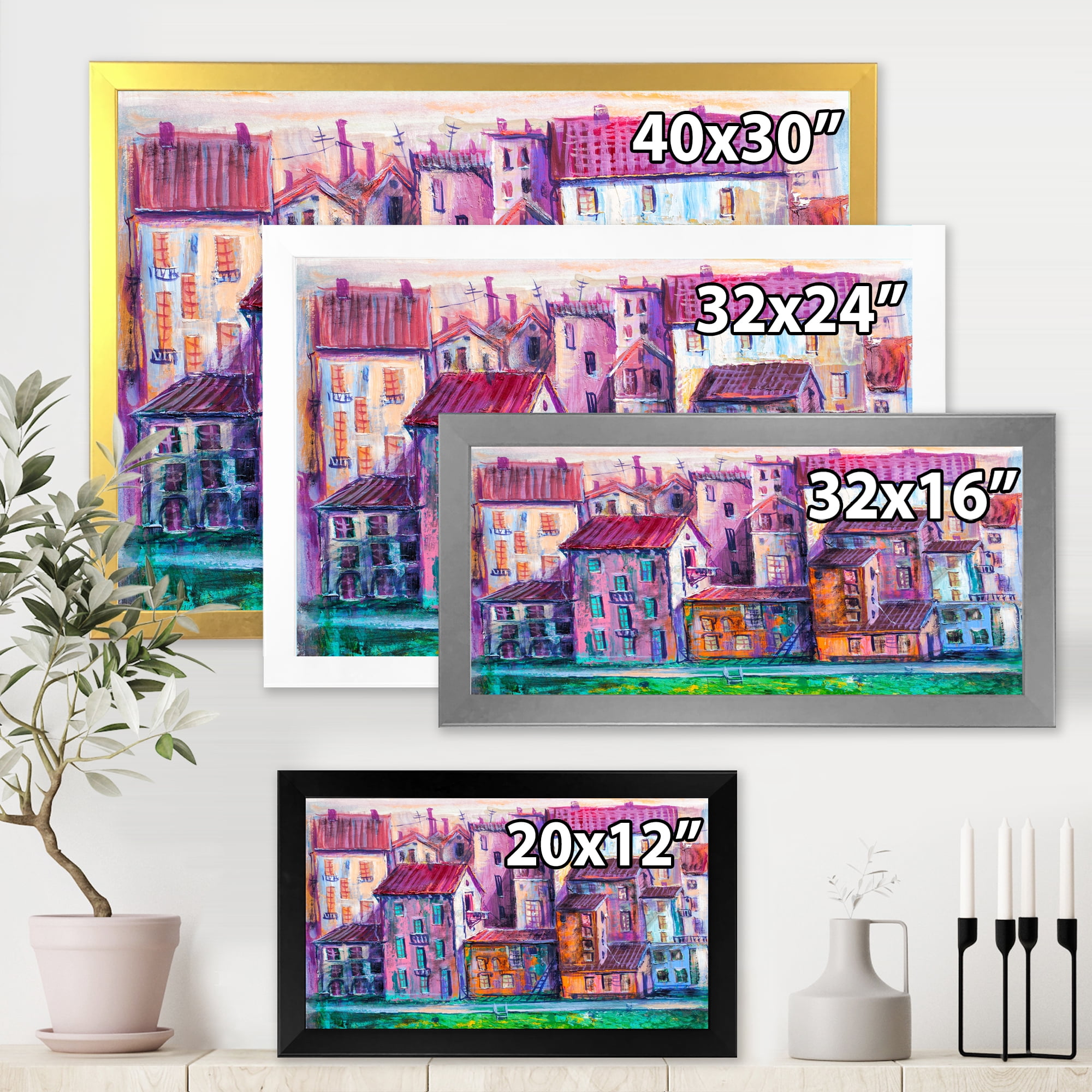 Designart 'Street With Colorful Old Homes Landscape' Modern Framed Art Print