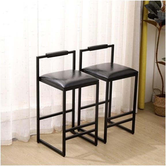 Set of 2 Modern Counter Height Bar Stools with Back, Black Faux Leather Upholstered Seat and Footrest