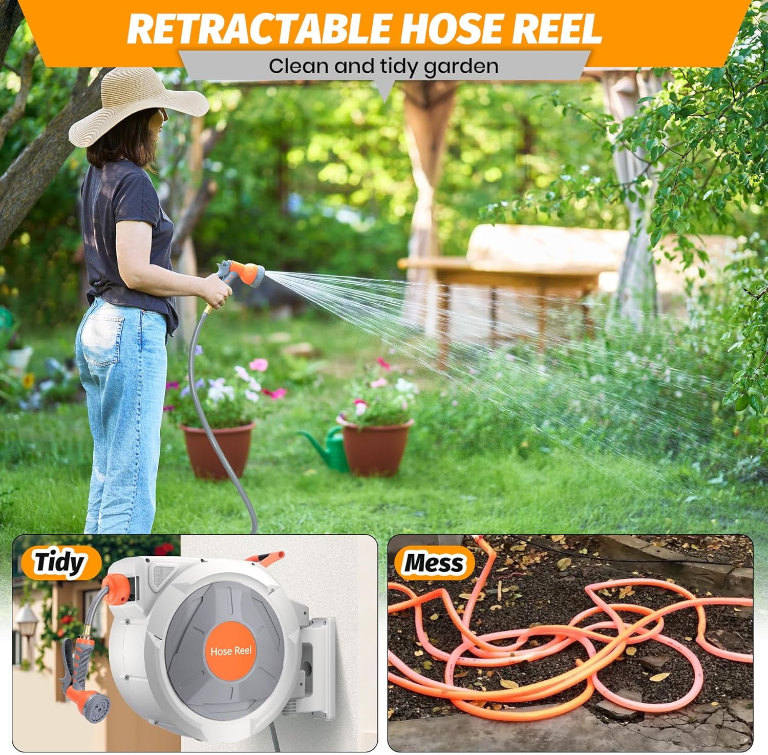 Telyswee Retractable Hose Reel 130 ft x 1/2 inch, 180° Swivel Bracket Wall-Mounted, Garden Water Hose Reel with 9-Pattern Nozzle, Automatic Rewind, Lock at Any Length, and Slow Return System