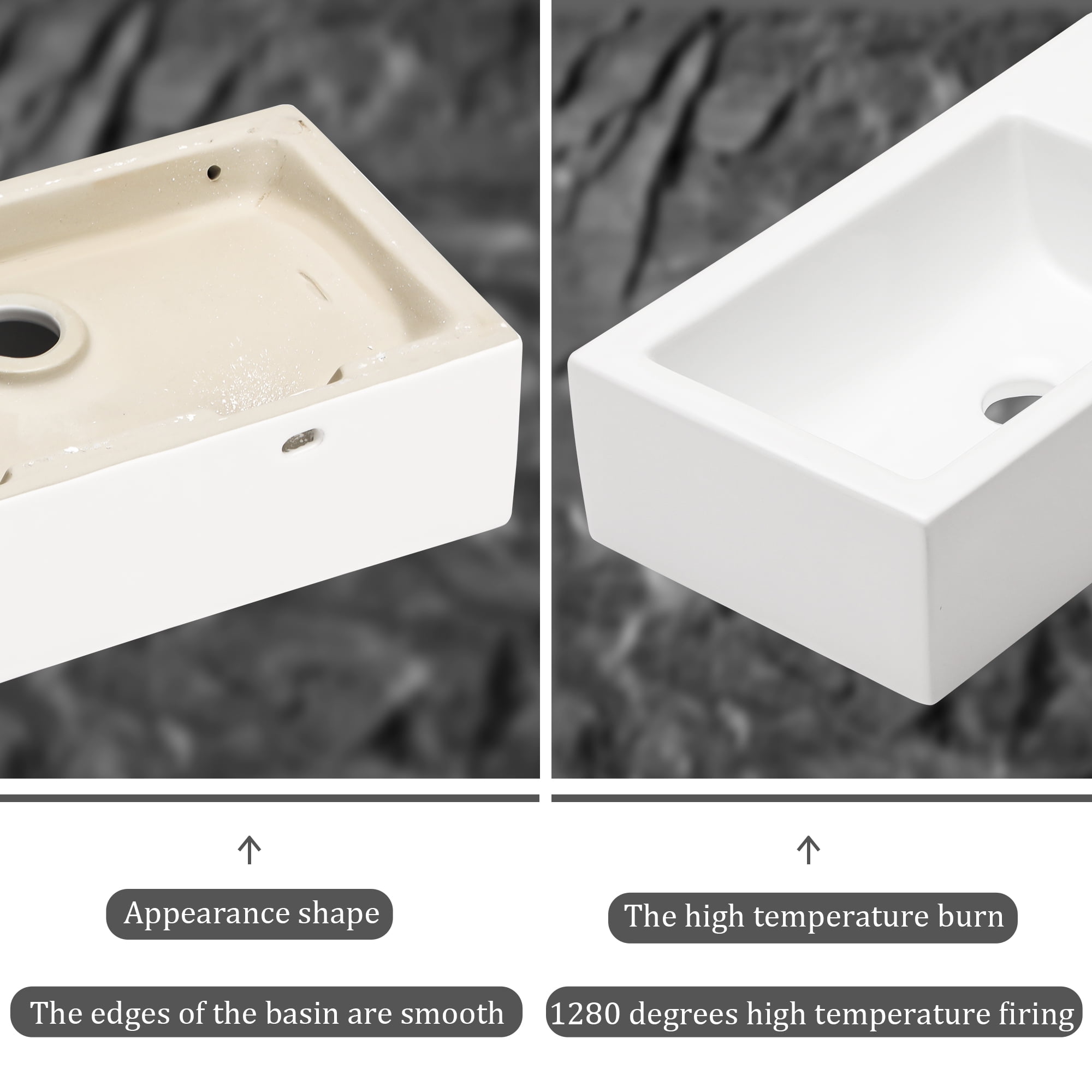 18"×10"×4.25" White Ceramic Rectangle Wall-Mount Bathroom Sink with Single Faucet Hole