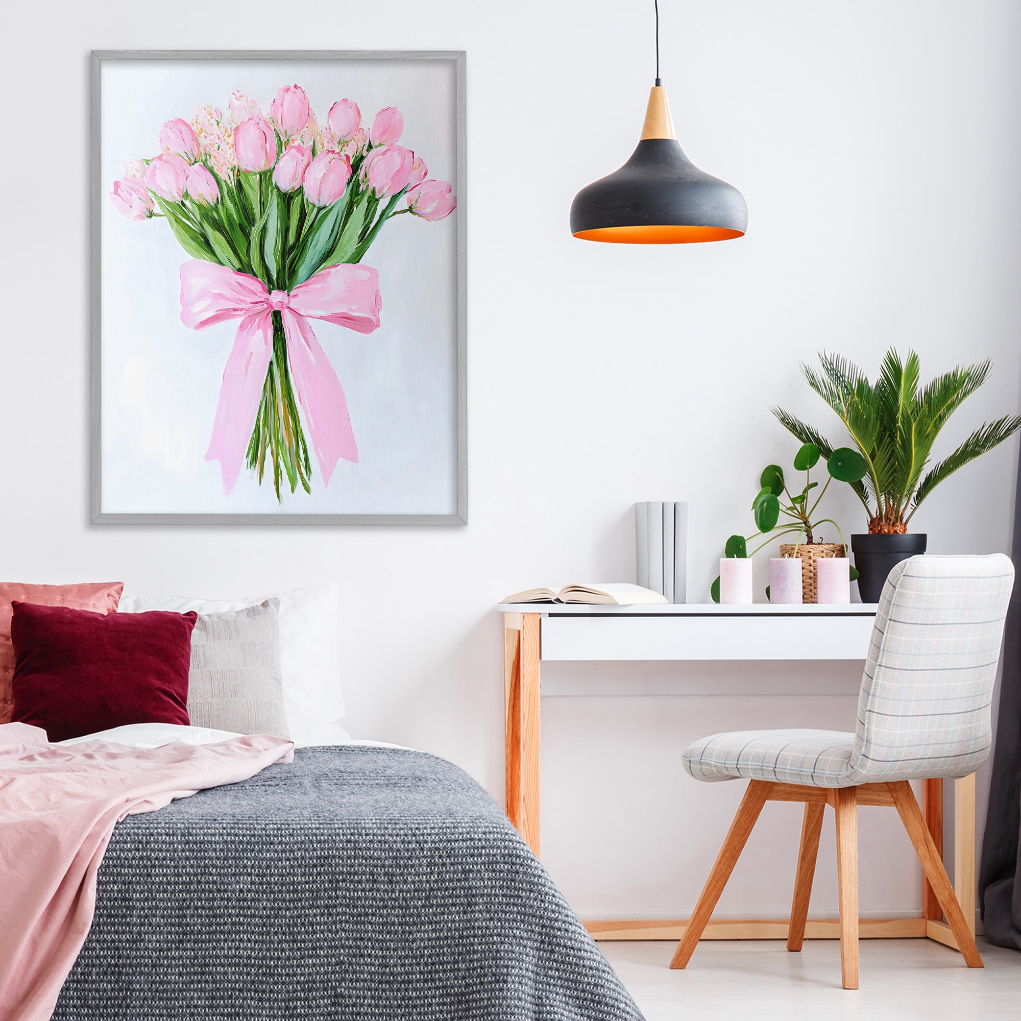 Stupell Industries Soft Pink Tulips with Ribbon Gray Framed Giclee Art, design by The Prints Vibe