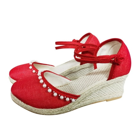 

eczipvz Womens Shoes Womens Wedges Dressy Wedge Sandals for Women Open Toe Ankle Strap High Heel Summer Espadrilles Platform Sandals Red