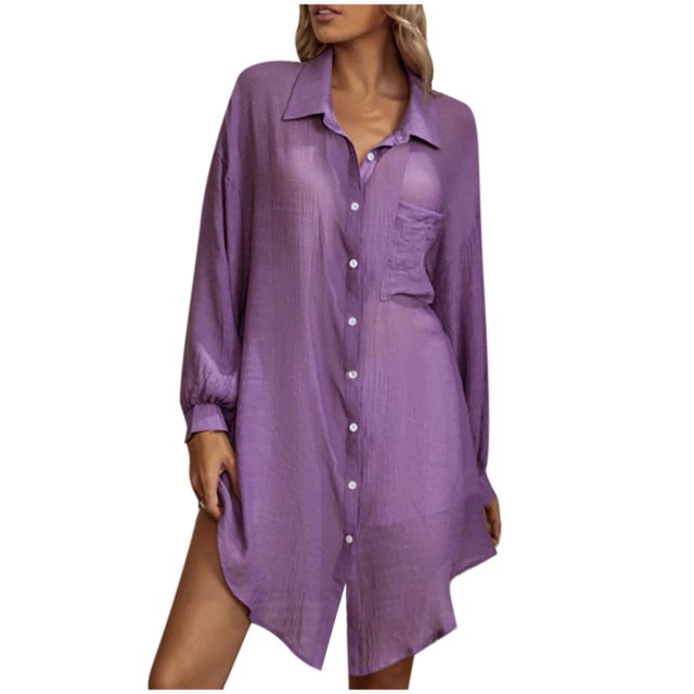 Robe Chemise Mini d'Été Unie à Manches Longues pour Femme, Col à Revers, Simple Boutonnage, Décontractée, Ample, Blouse, Robe Courte pour Femme