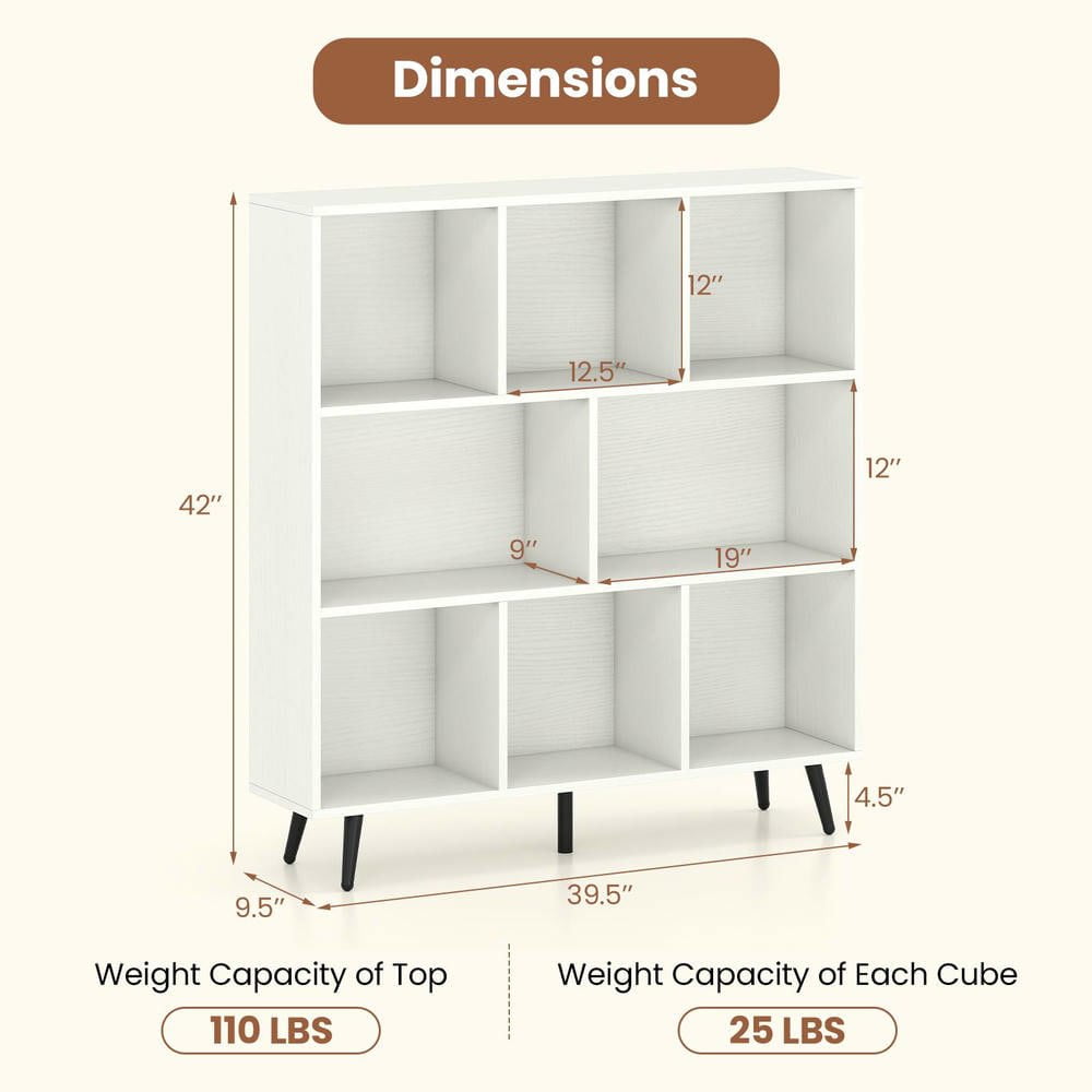 Resenkos 8-Cube Bookcase with 5 Tapered Metal Legs for Modern Decor - White/Black