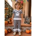 thumbnail image 5 of RUINIXCW Toddler Baby Girl Halloween Outfit Infant Baby Girl Summer Fall Clothes Cute Pumpkin Ghost Embroidery Short Sleeve Plaid Shirt Tops Flared Pants Set, 5 of 9