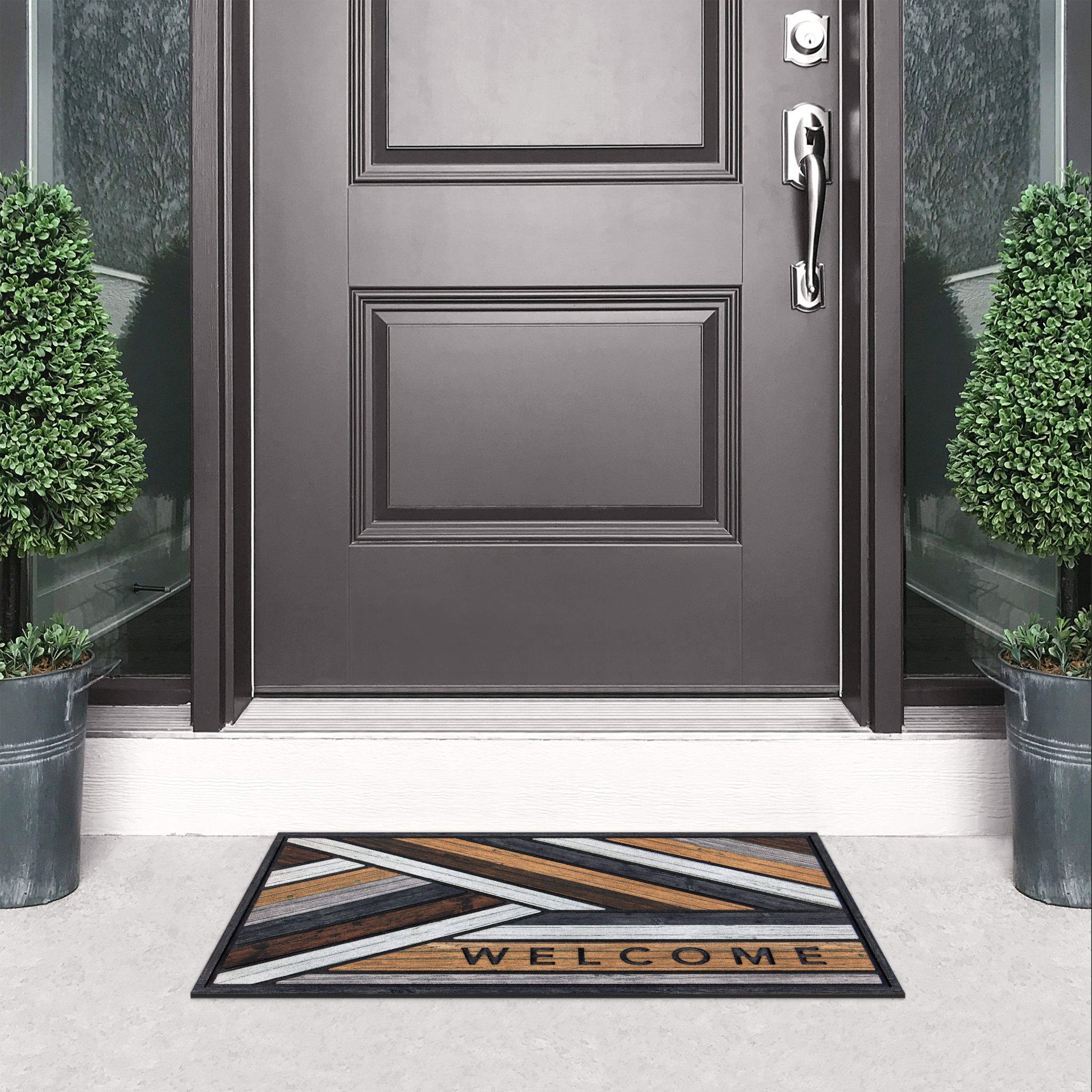 Mainstays Masterpiece Woodstain Modern Wood Slats Welcome Gray, Outdoor Doormat, 18" x 30"