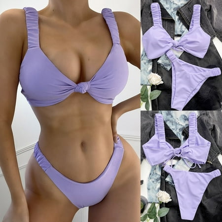 Women s Solid Set Swimsuit Two Piece Filled Bra  Beachwear  Bralette  Comfortable Fit  Full Coverage  Quick Dry  UV Protection  Fashionable Design  for Women  Swimwear Set  Bathingsuit | Purple S