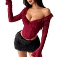 thumbnail image 2 of Women Mesh Top Lace Crop Top Long Sleeve Sheer Blouse Y2K Mesh Shirts Going Out Tops Club Outfits Wine Red L, 2 of 10