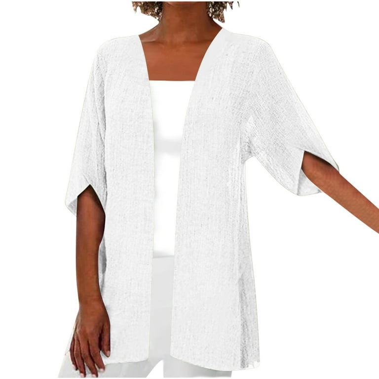 Cotonie Women Cotton Linen Cardigan Summer Casual Elbow Length Sleeve Tops White L