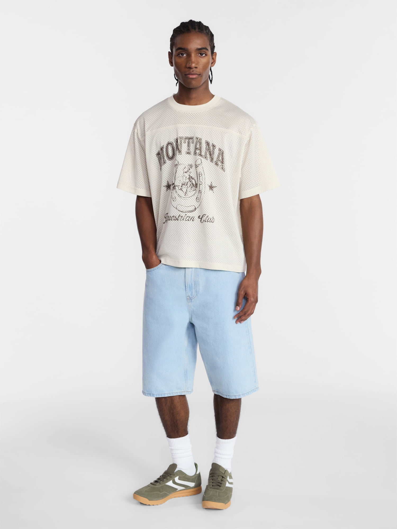 No Boundaries Graphic Boxy Fit Mesh Jersey Style Shirt, Men's XS