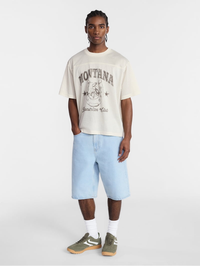 No Boundaries Graphic Boxy Fit Mesh Jersey Style Shirt, Men's XS