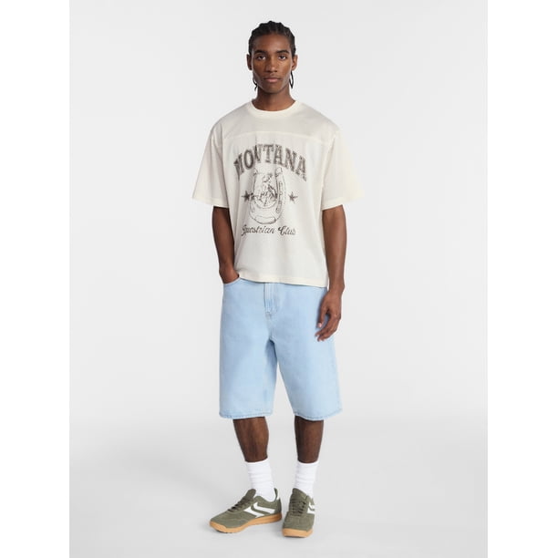 No Boundaries Graphic Boxy Fit Mesh Jersey Style Shirt, Men's XS