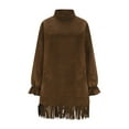 thumbnail image 4 of ZQUUVOU Women's faux Suede Dress Turtle Neck Long Sleeve Loose Tops with Pockets Fringe Boho Fall Winter Outfit Brown, 4 of 8