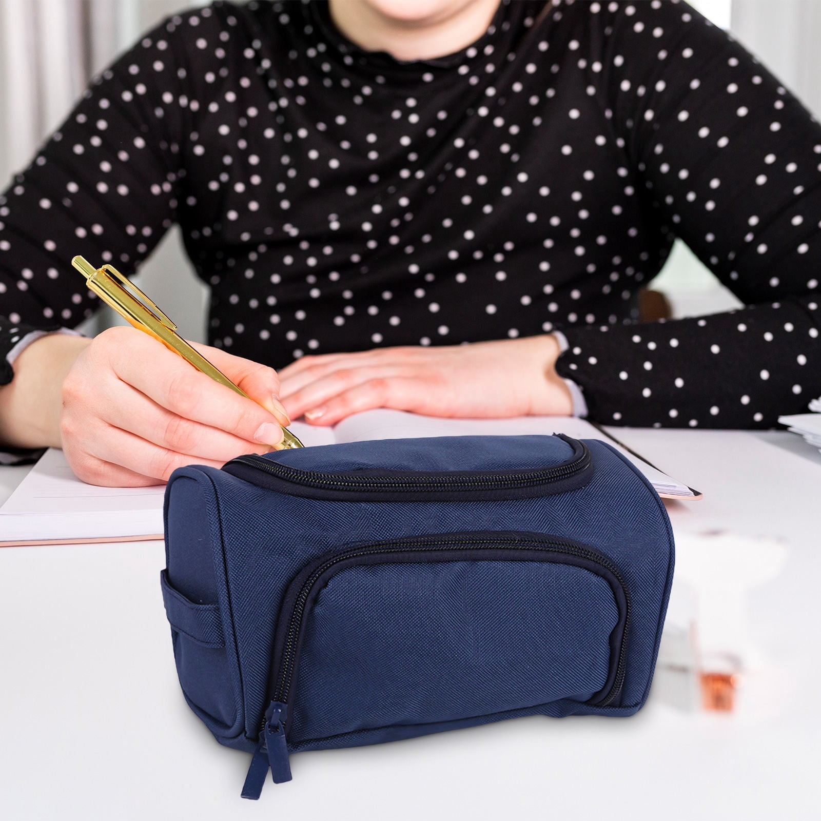 HengDidi Double-Layer Portable Pencil Bag with Side Storage and Carry Handle, Oxford Fabric Organizer for Stationery and Small Accessories