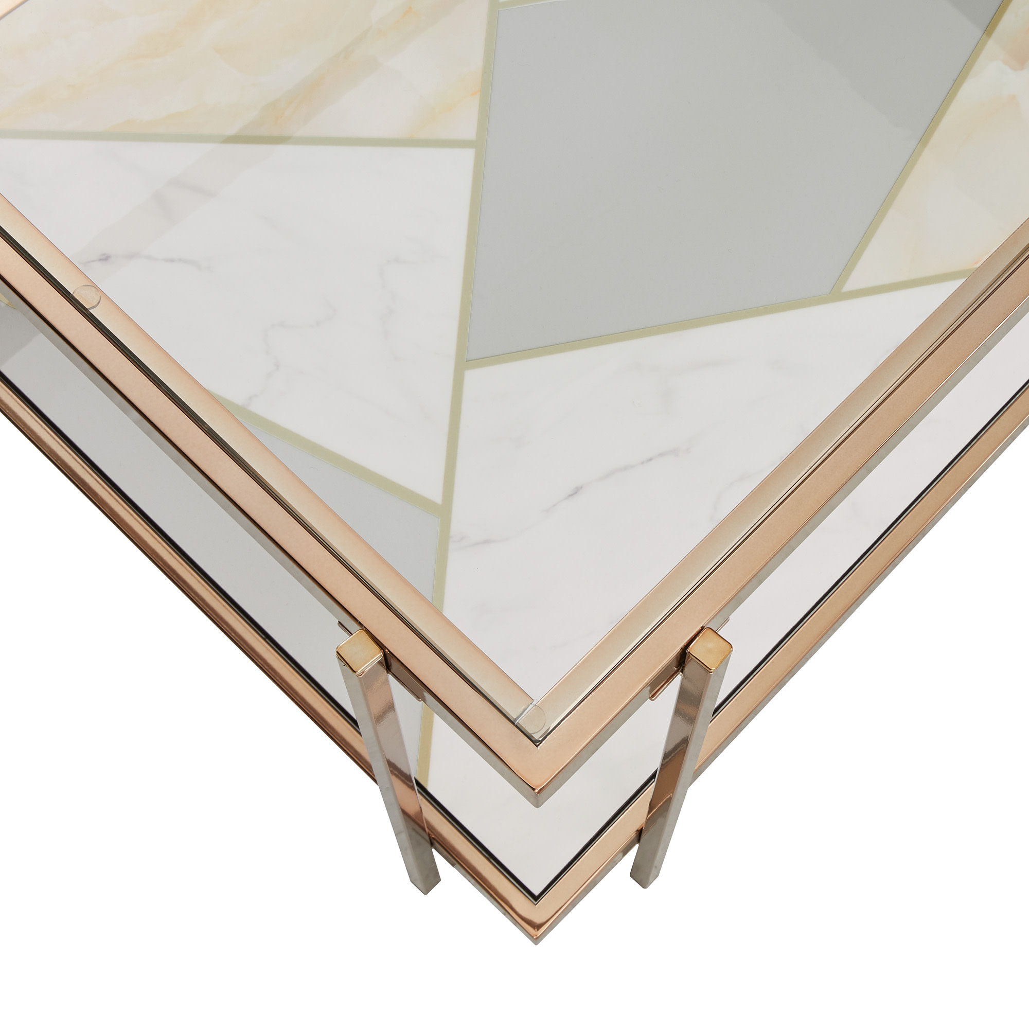 Weston Home Neponsit Metal and Glass End Table with Geometric Marble Pattern Bottom, Champagne Gold
