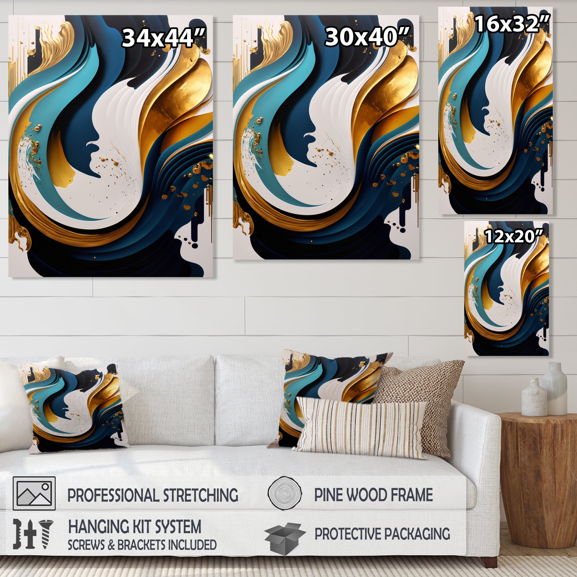 Designart Blue And Gold Modern Art Abstract Painting II Canvas Wall Art