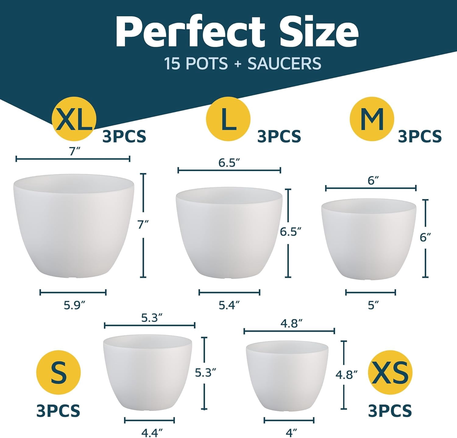 White Plant Pots with Drainage Holes & Saucers 15 Packs, Indoor & Outdoor Stackable Plastic Planters in Multiple Sizes for Houseplants & Flowers, Durable & Weatherproof Materials, Matte Finish