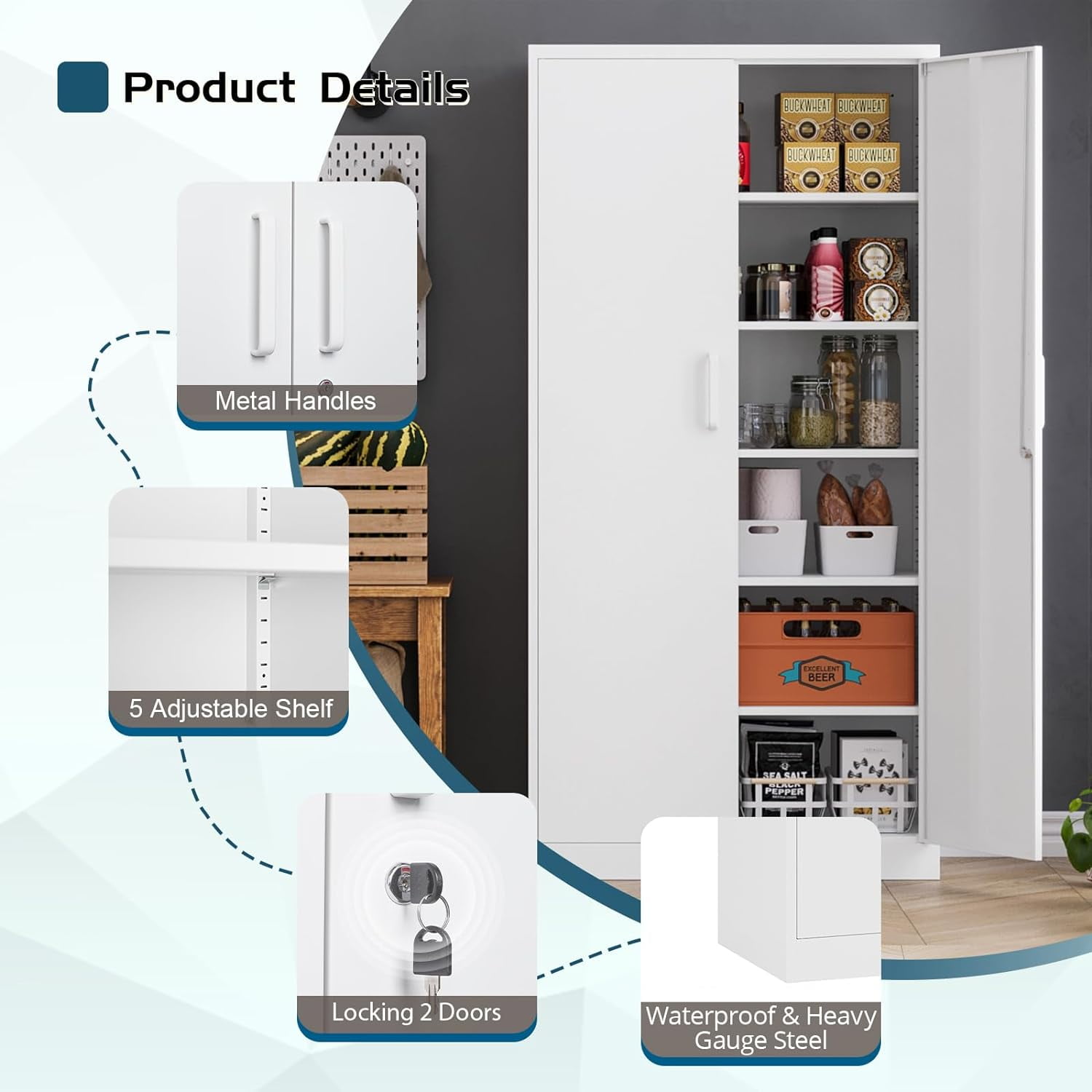 majy n.　0308 MIIIKO Metal Storage Cabinet with Locking Doors, White Garage