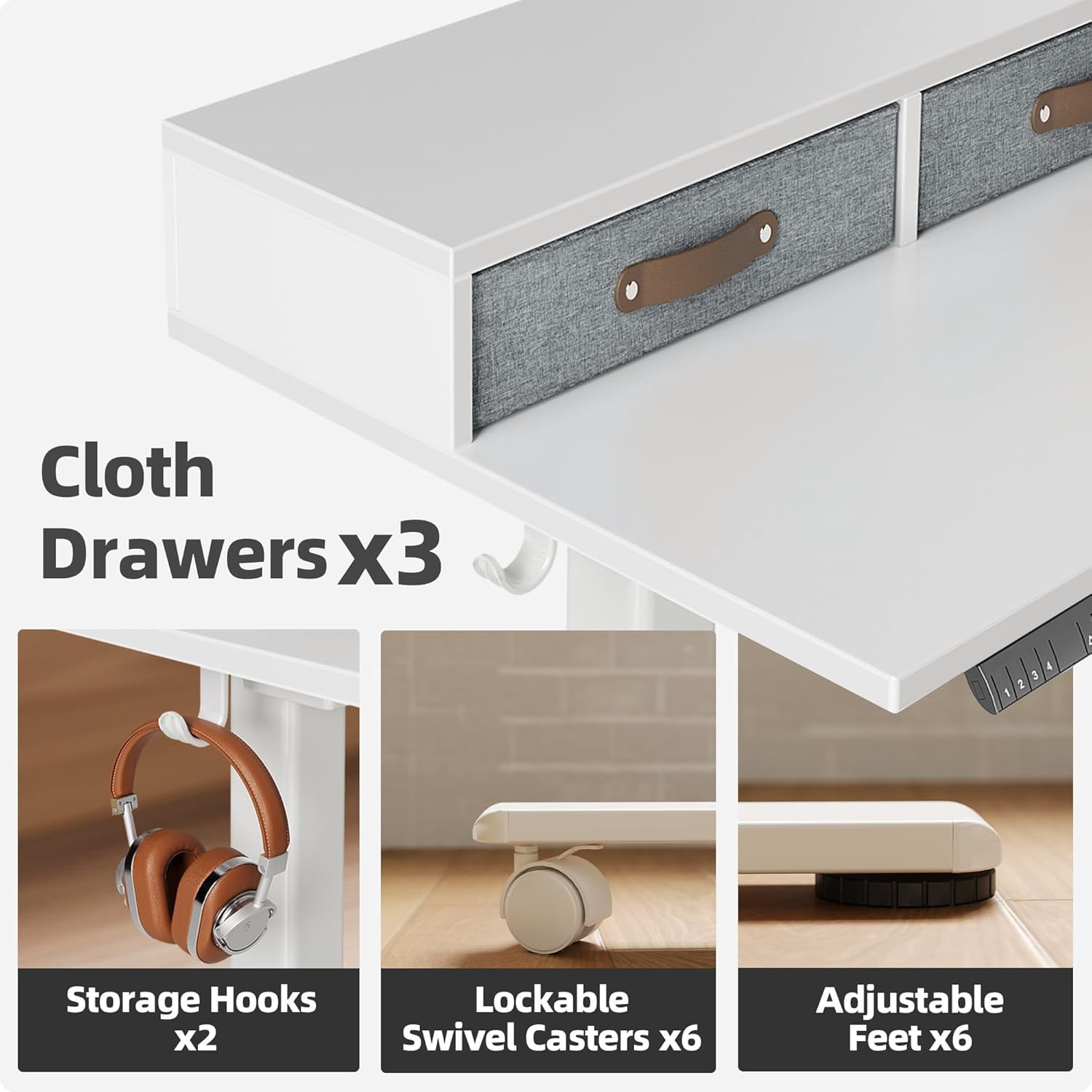 Claiks Dual Motor 63" L Shaped Standing Desk with Drawers, Electric Height Adjustable Standing Desk with Monitor Stand & Splice Board, White Frame/White Top