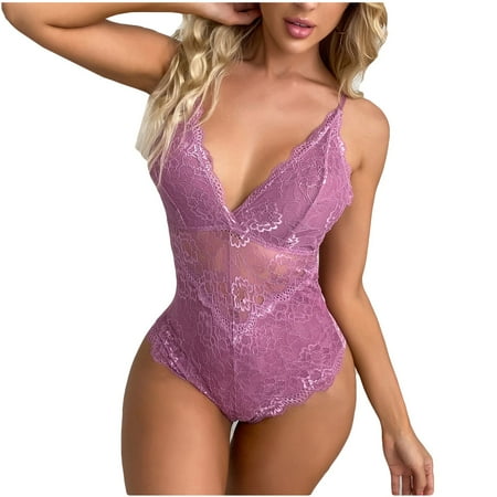 

BIZIZA Babydoll for Women Solid Color Deep V Neck Lace Criss Cross Plus Size Teddy Bodysuit Sexy Lingerie Purple M