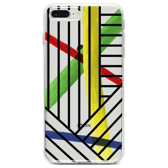 DistinctInk Clear Shockproof Hybrid Case for iPhone 7 PLUS / 8 PLUS (5.5" Screen) - TPU Bumper, Acrylic Back, Tempered Glass Screen Protector - Abstract Lines and Paint Swatches