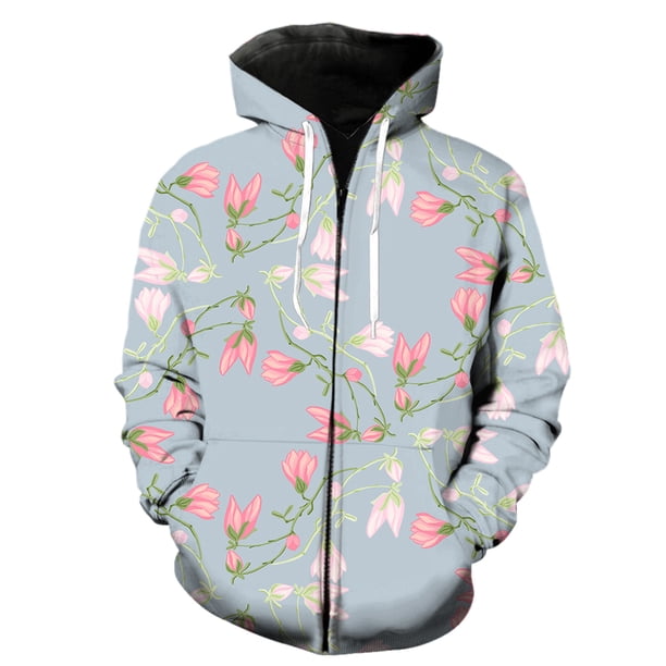 Sudadera con capucha y cremallera para hombre, estilo Harajuku informal de gran tamaño, con estampado de flores y magnolia, ideal para primavera de 2024. Chaquetas con capucha, ropa de calle, moda mod