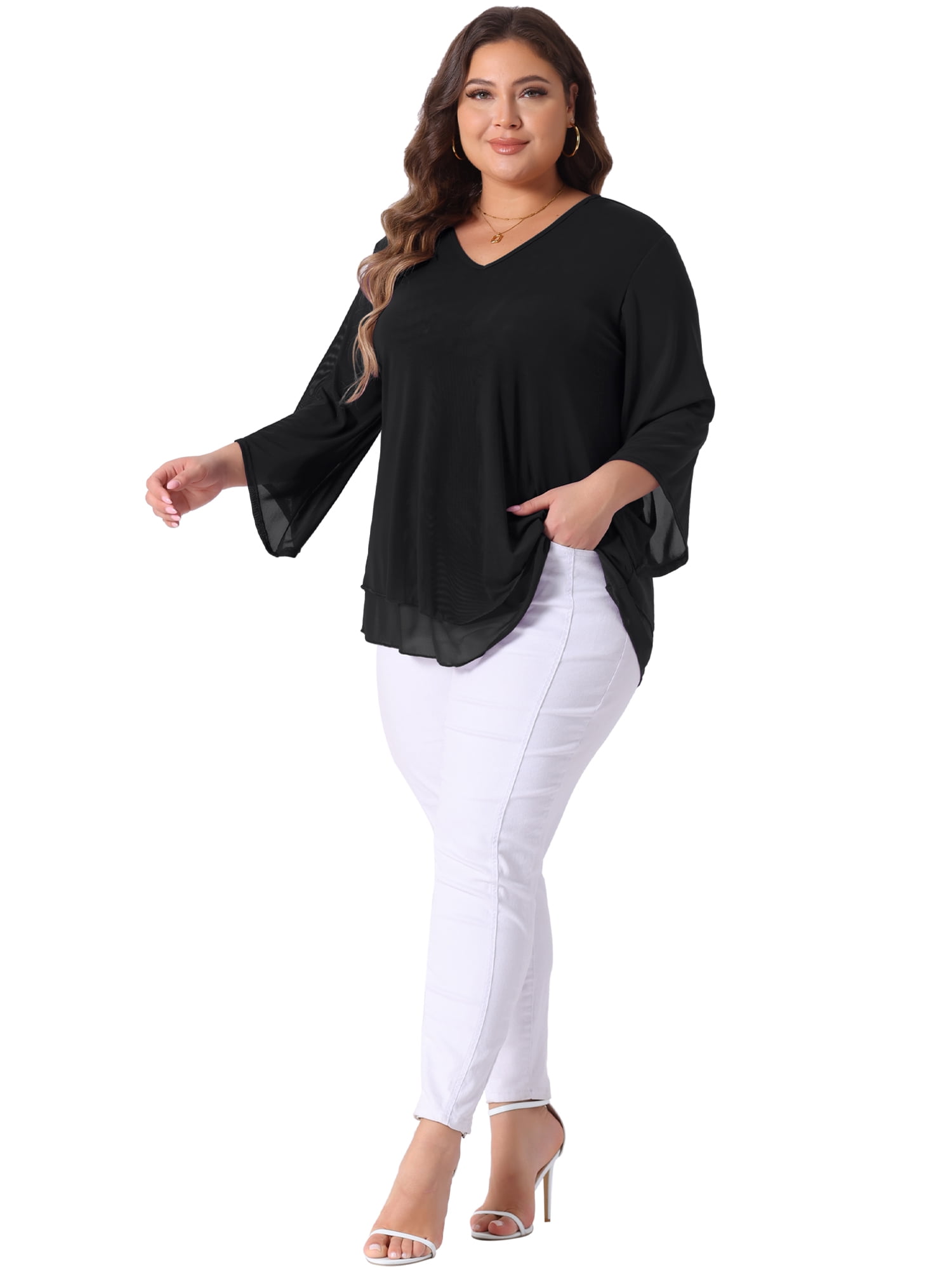 Women's Plus Shirt 3/4 Sleeve Scoop Neck Double Layers Blouse Top 2X Black