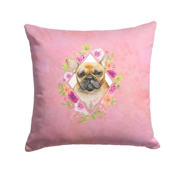 Carolines Treasures CK4144PW1414 Fawn French Bulldog Pink Flowers Fabric Decorative Pillow  14Hx14W multicolor