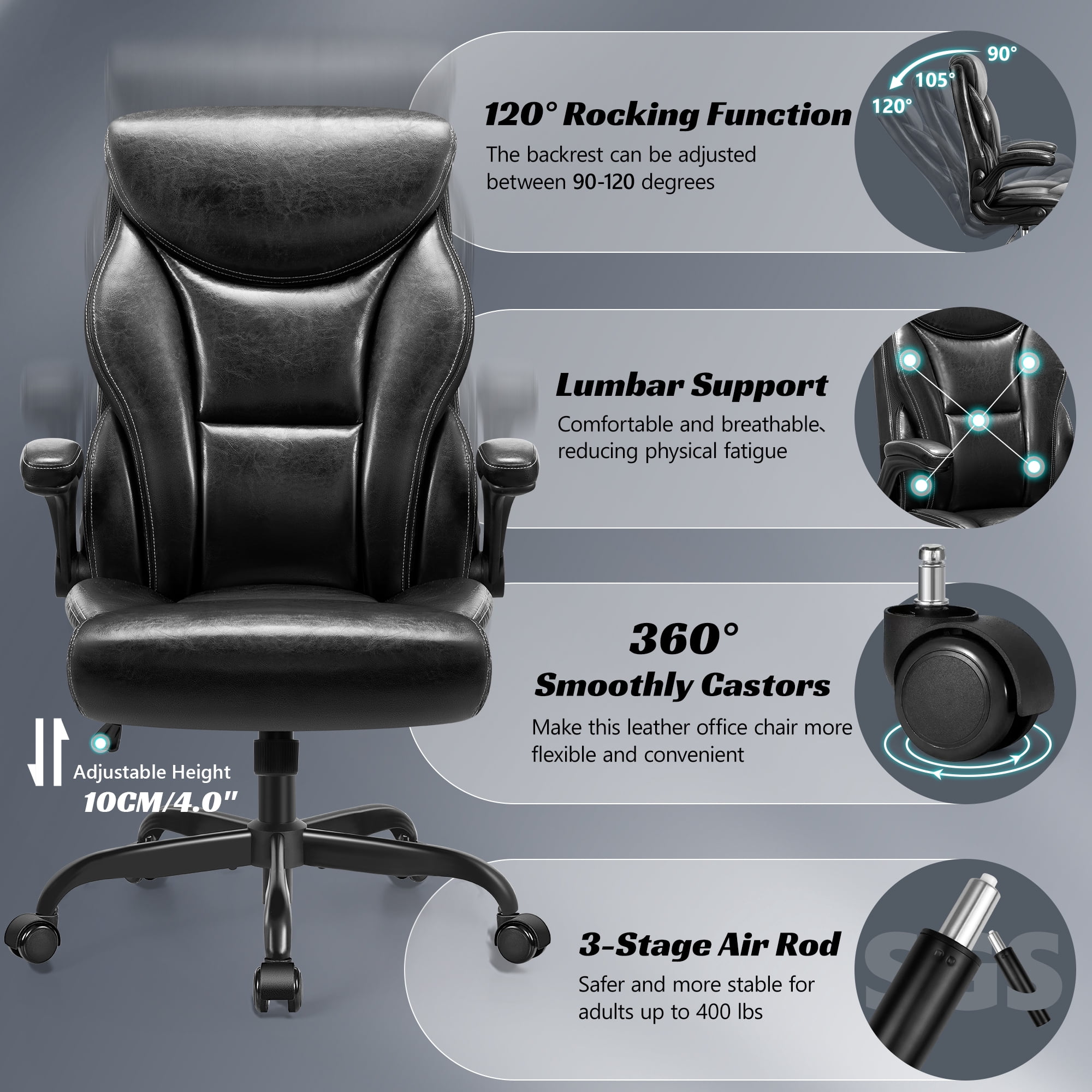 ATHOPE Executive Office Chair, Leather Office Chair with High Back Flip Up Armrests, Height Adjustable Comfy Desk Chair with Wheels, Ergonomic Computer Chair, Black