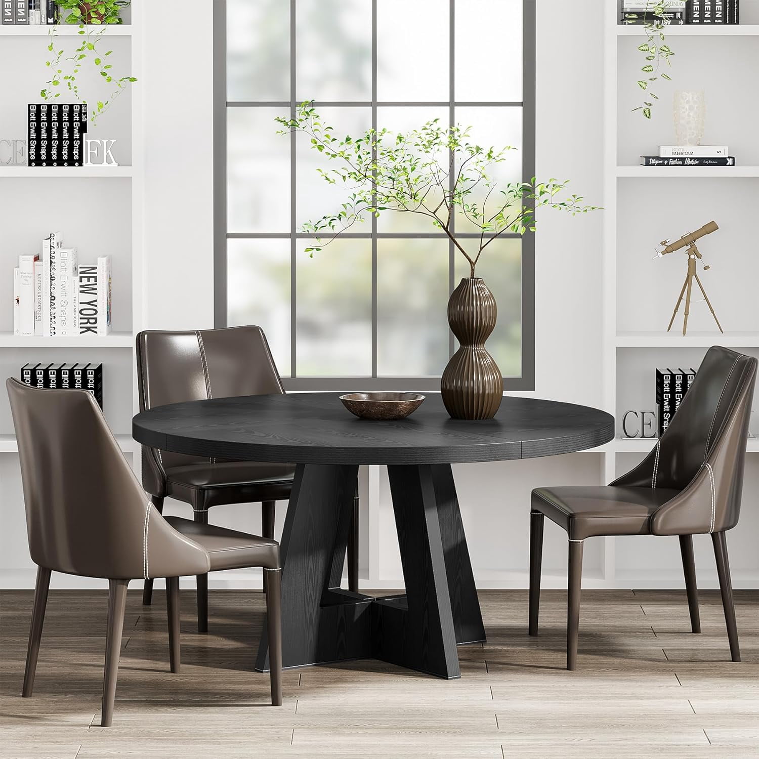 Aukfa 47" Round Farmhouse Dining Table for 4, Wood Kitchen Table with Cross-Style Base for Breakfast Nook/ Living Space,Black