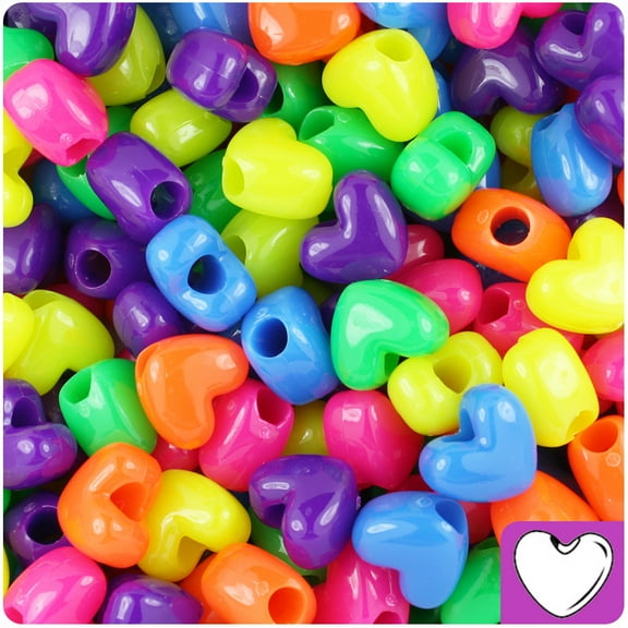 BeadTin Neon Bright Multi 12mm Heart Pony Beads (250pcs)