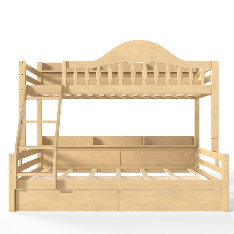 Twin Over Full Bunk Bed with 2 Storage Drawers, Solid Wood Kids Bunk Bed with Curved Guardrails, Side Storage Shelves and Ladder, No Box Spring Needed
