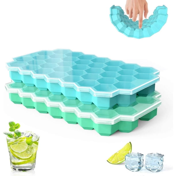 2 silicone ice cube trays with lids, suitable for chilling drinks, sky blue and mint green.
