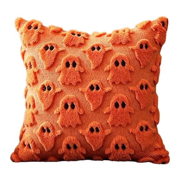 Decorative Pillow Orange Ghost Plush Throw Pillow Cover 18X18 Inch Halloween Home Decor for Couch Bedroom Holiday Decor