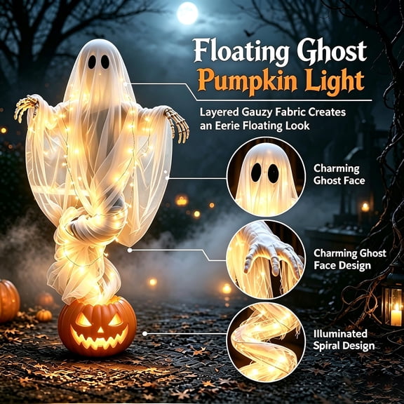 Halloween Decorations Outdoor, Swirling Ghost Pumpkin Lamp, Light Up Ghost Swirling Ghos for Yard, Spooky Ghost Statue for Halloween Outdoor, 51In, Decor for Porch Yard