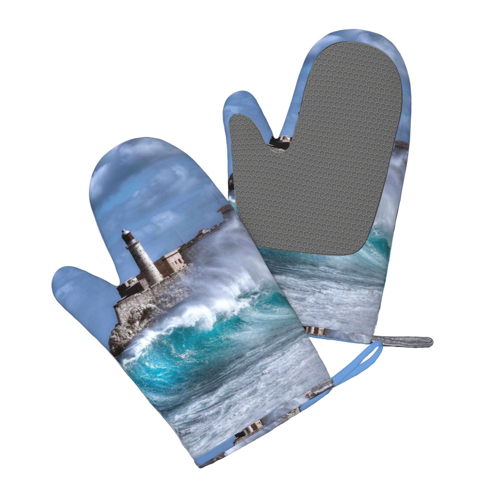 Hirioo Lighthouse in Havana for Silicone Oven Mitts for BBQ, Baking, Cooking, Set of 2, Heat Resistant 260℃, Non-Slip Kitchen Essentials