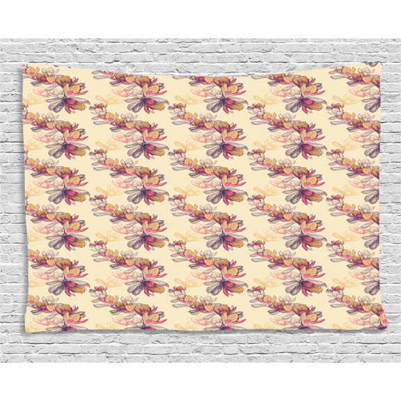 Magnolia Tapestry, Illustration of Magnolia Flowers Sketch Lines Nature Pattern, Wall Hanging for Bedroom Living Room Dorm Decor, 60W X 40L Inches, Pale Orange Coral and Beige, by Ambesonne