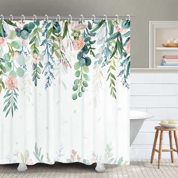 Leaf Shower Curtain, Green Leaves Shower Curtain, Pink Floral Shower Curtains for Bathroom, Sage Green Plant Bathroom Decor, 72" x 72" Inches