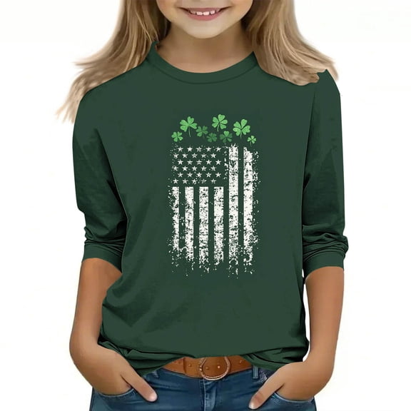 Girls St Patricks Day Shirt with USA Flag & Shamrocks, Soft Long Sleeve Graphic Tee for Kids Kids to Teens,Size 7-8T