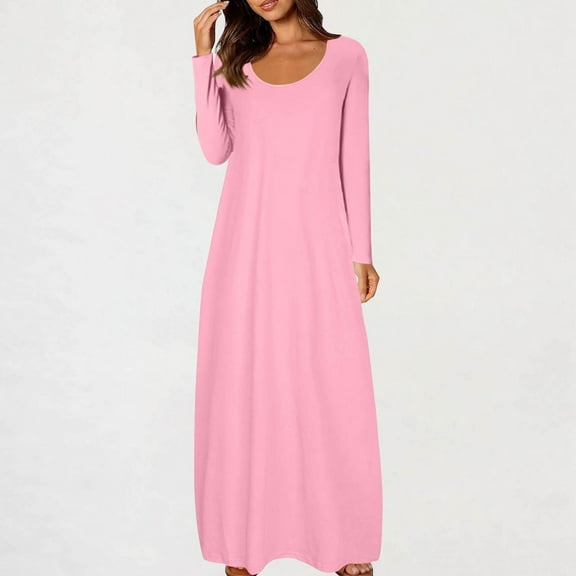 Cocktail Dresses for Women New Fashion Women's Casual Solid Color Dress Round Neck Long Sleeved Dress Style B-6 Pinky XXL